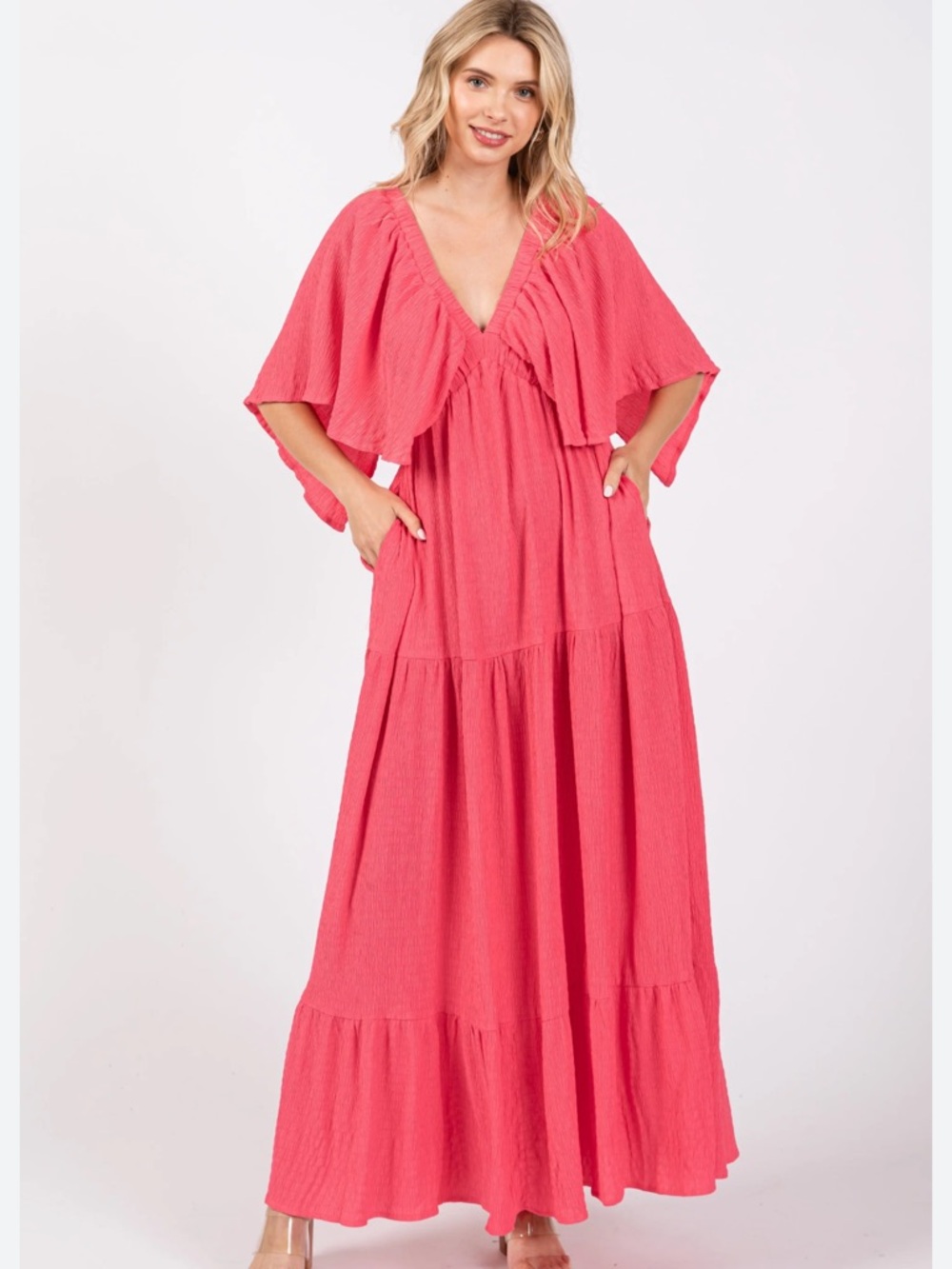 Women's Coral Pink Maxi Dress with Flutter Sleeves XXL Davi & Dany
